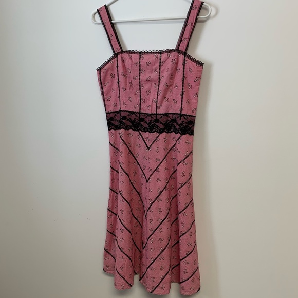 Vintage Y2K Anthropologie Beth Bowley Pink w/ Black Lace Detail Cotton Dress - Picture 1 of 14